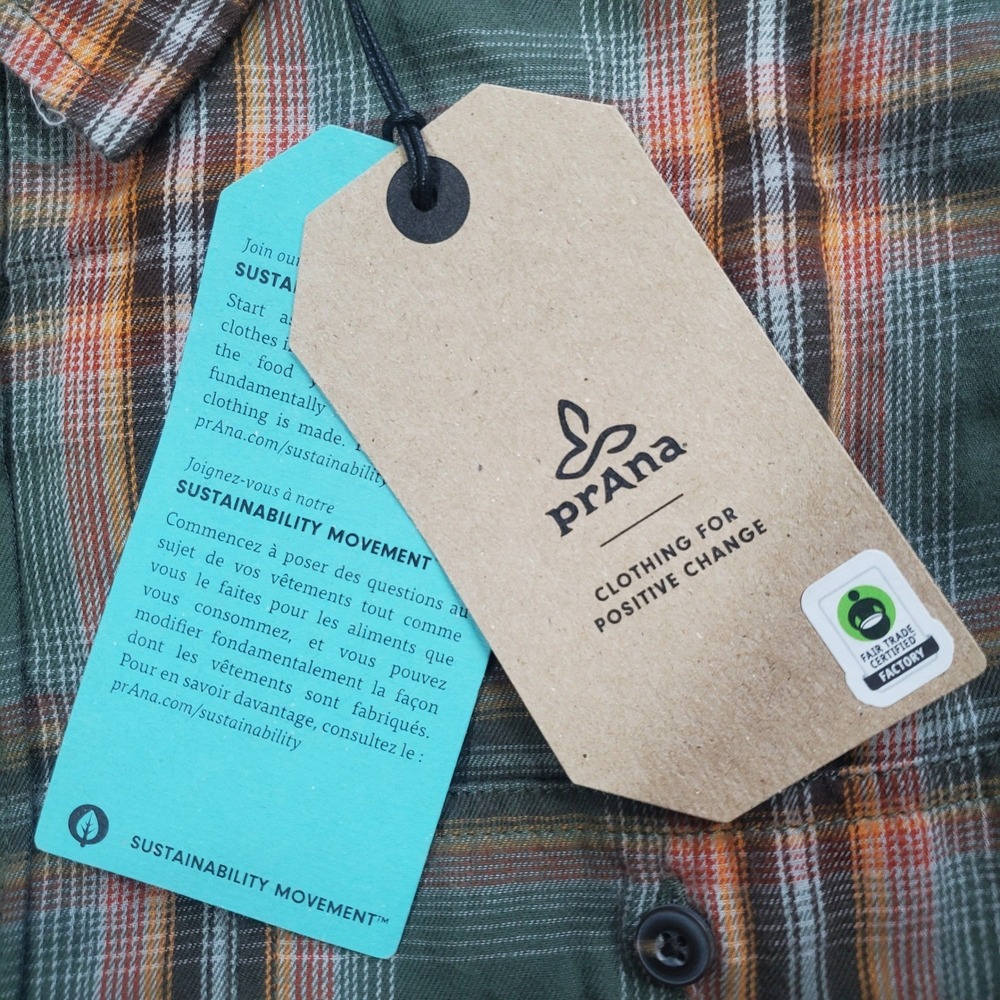 Prana Dolberg Flannel Shirt Mens Small Tall Kale Green Plaid Organic Cotton New - Picture 9 of 11